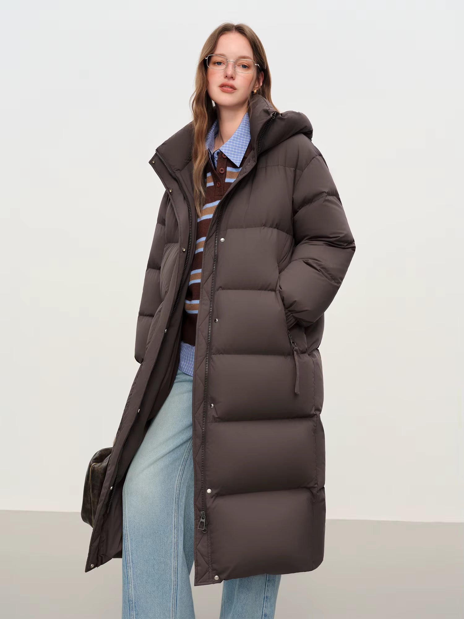 2025 Winter Women's Long Down Coat Stand Collar Hood Straight Cut Thermal Puffer Warm Windproof Outerwear for Cold Weather