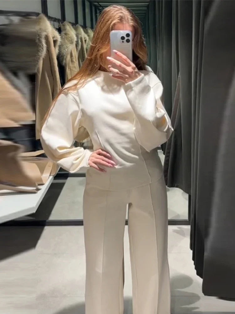 Fashion White Top Pants Set Women Elegant Long Sleeve O-neck Pleated Tops Wide Leg Trousers 2024 Autumn Office Lady Suit