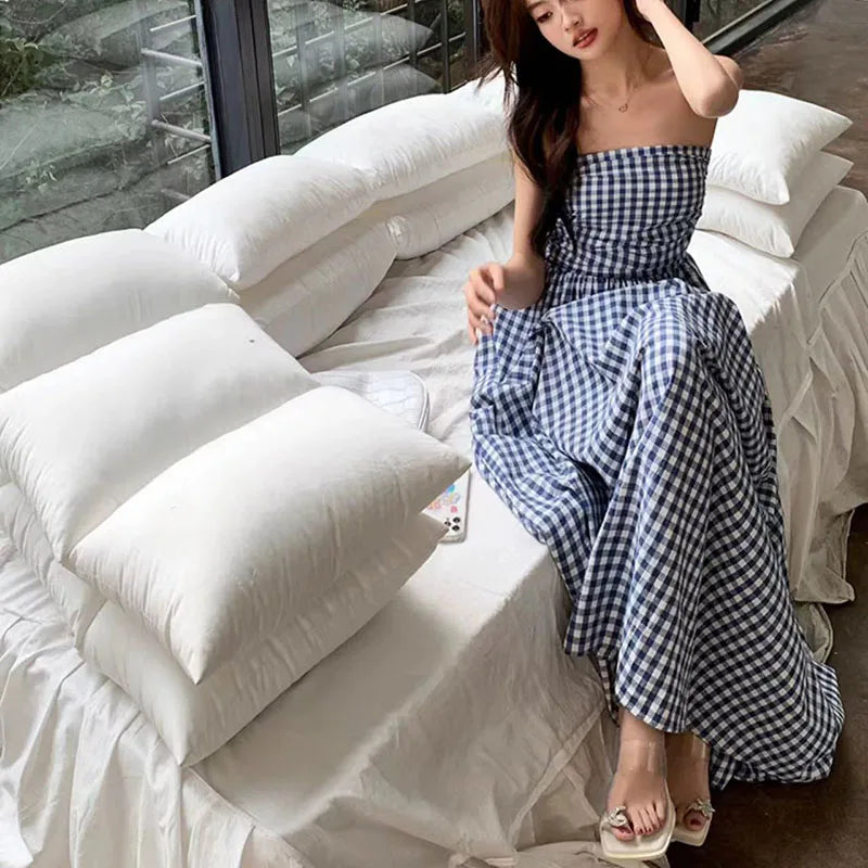 Vintage Plaid Dress Women Summer Korean Elegant Tube Top All-Match Midi Dress Y2K Folds Off Shoulder Holiday Beach Vestidos