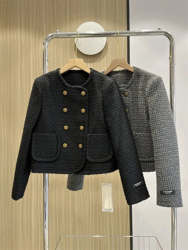 Winter Tweed Thick Round Neck Jackets Coat Casual Warm Women Double Breasted Chaquetas Casaco Cotton Padded Lined Ceket Abrigo