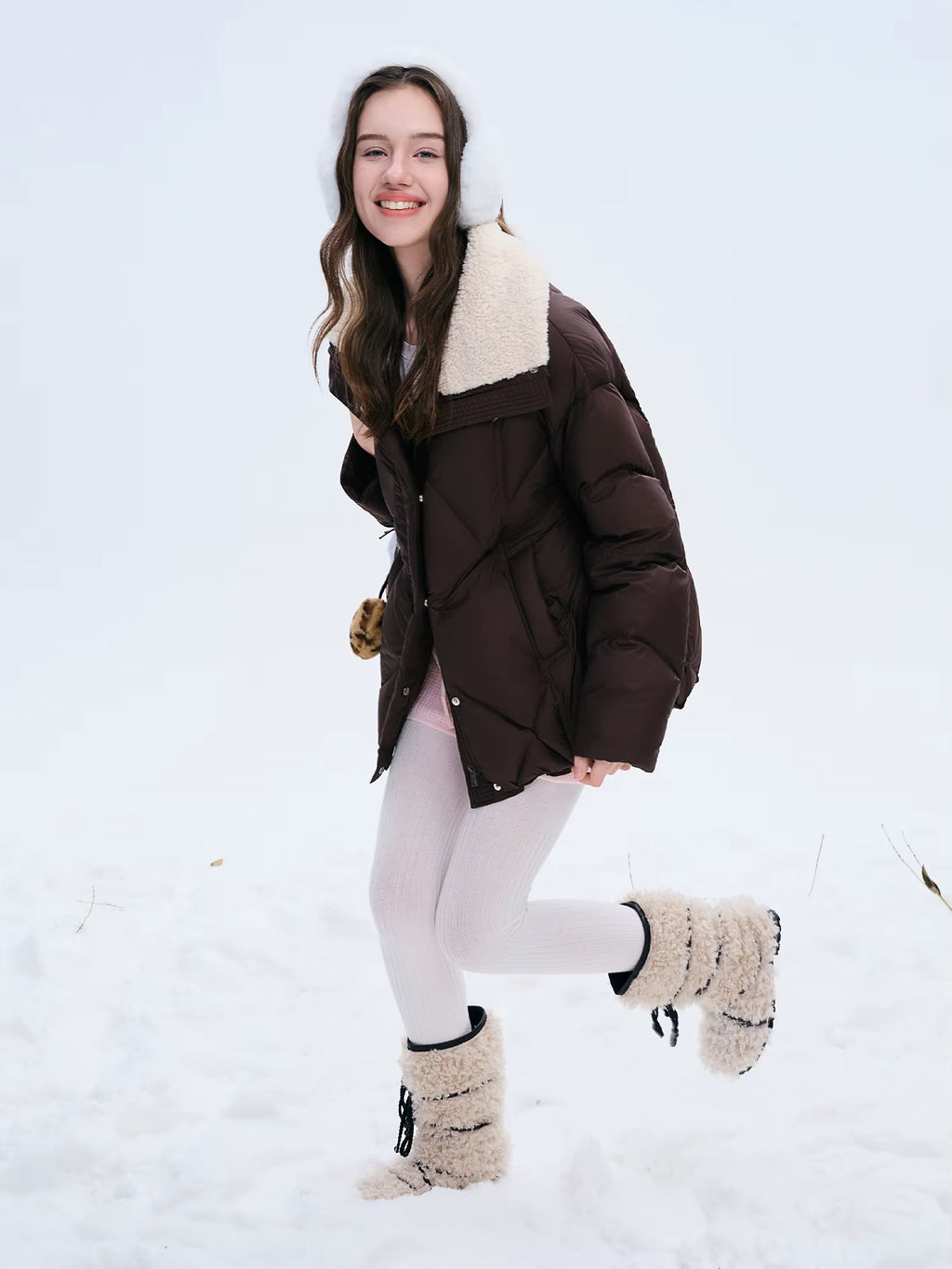 Furry Lapel Quilted White Duck Down Coats Women Casual Daily Retro Simple Loose Short Warm Coat Contrast Color Girlish BF