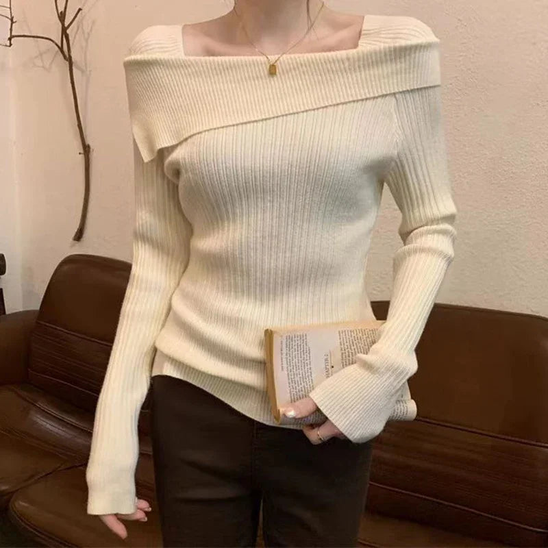 Women Slim Off Shoulder Knit Sweater Slash Neck Long Sleeve Knitwear Jumpers Office Sweater For Women 2023 Autumn Winter