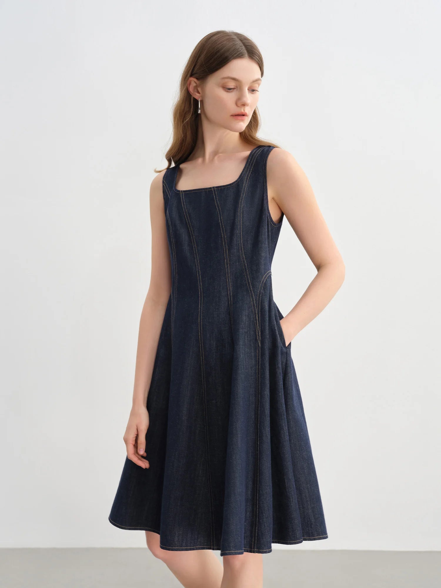 DUSHU Plus Size Denim Dress Women Summer Lyocell Tencel Breathable Slim Vest Dress Line Carved Dress