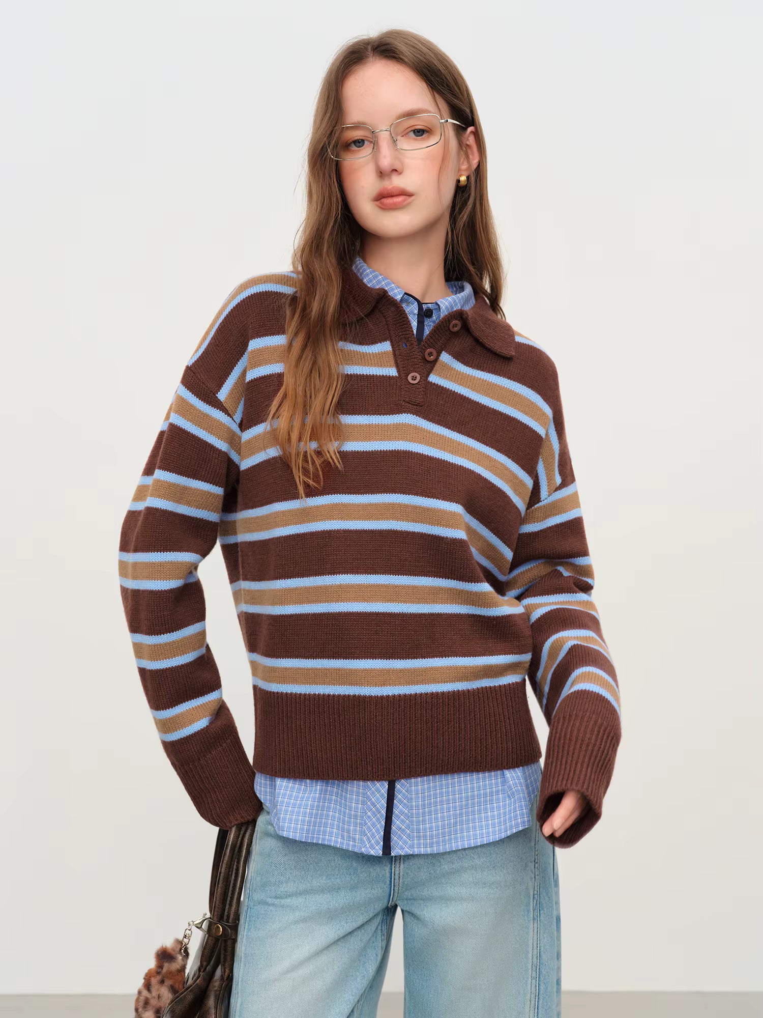 Casual Contrast Color Striped Turn Down Collar Sweater Women Loose 2025 Winter New Retro Sweater Soft Cozy Homewear