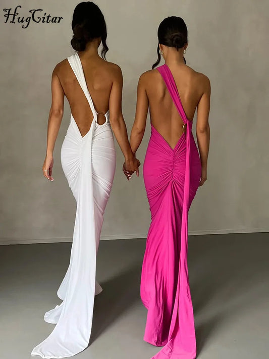 One Shoulder Backless Adjustable Scarf Loop Ruched Sexy Maxi Dress 2023 Women Elegant Y2K Streetwear Festival Outfit