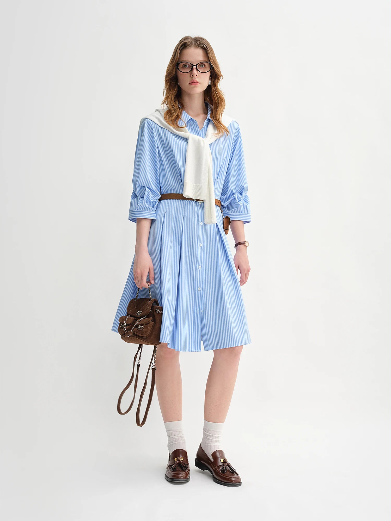 DUSHU Blue and White Striped Design Pleated Three-quarter Sleeve Waist Shirt Dress 2025 Autumn