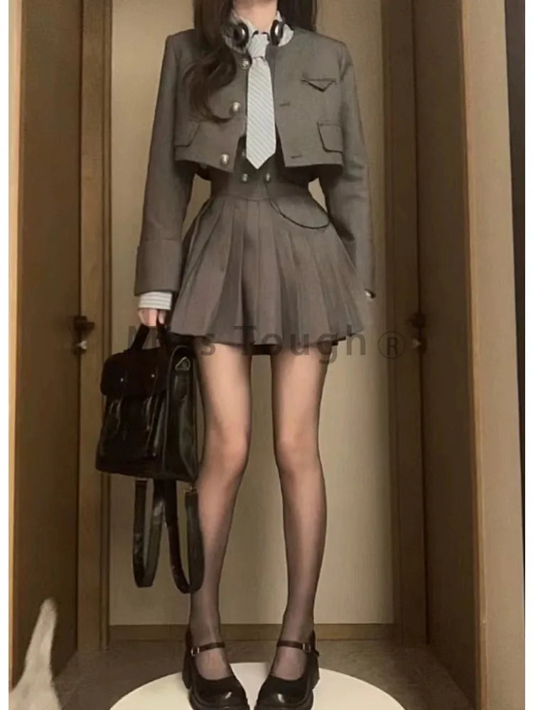 Gray Preppy Style 3 Piece Set Women Korean Fashion Y2k Mini Skirt Suit Female Casual Stripe Blouse＋Chic Coat＋Elegant Skirt