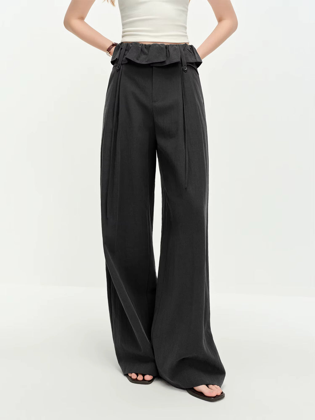 Lace Hem High-Waisted Wide-Leg Tros Commuting Casual Essentials Women Spring 2025 New Arrival Casual Pants Cotton Contain