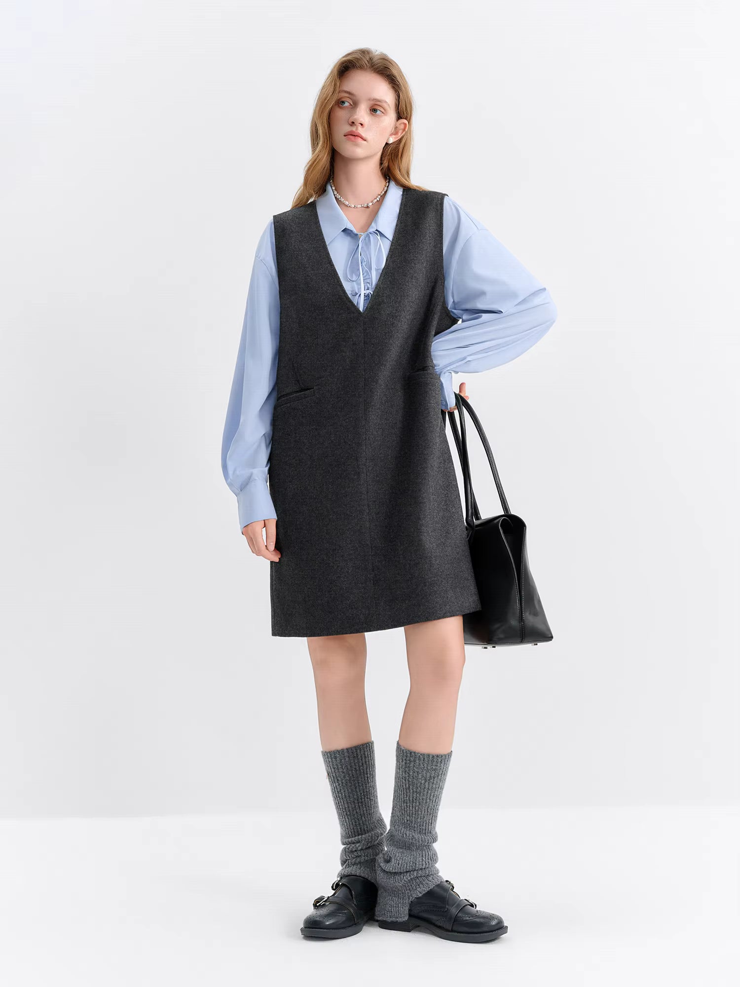 2025 Autumn Winter Women's Sleeveless V-Neck Wool Blend Tank Dress Layering Slip Midaxi Duster Versatile Elegant Linen