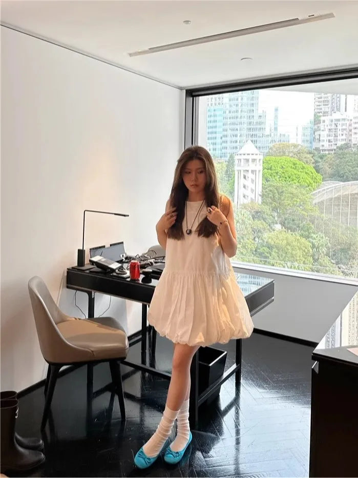 Kpop Korean Minimalist Style Solid Color A-line Fluffy Sleeveless Black Dress Summer Round Neck Loose Ruffle Short Dresses for Women