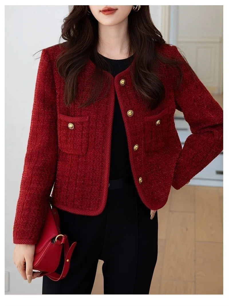 Outerwears Women's Jacket  Women's Jackets New Burgundy Coat Women's Spring and Autumn Temperament Joker Socialite Tweed Coat