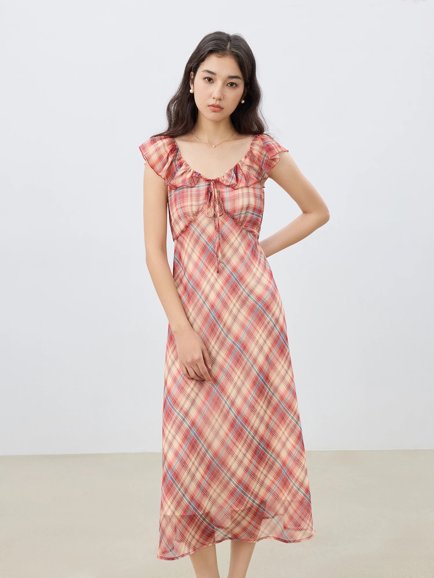 ZIQIAO Petite Red Gingham Chiffon Maxi Dress 2025 Summer Waist-Defining Tropical Resort Day-to-Night Elegance Dress