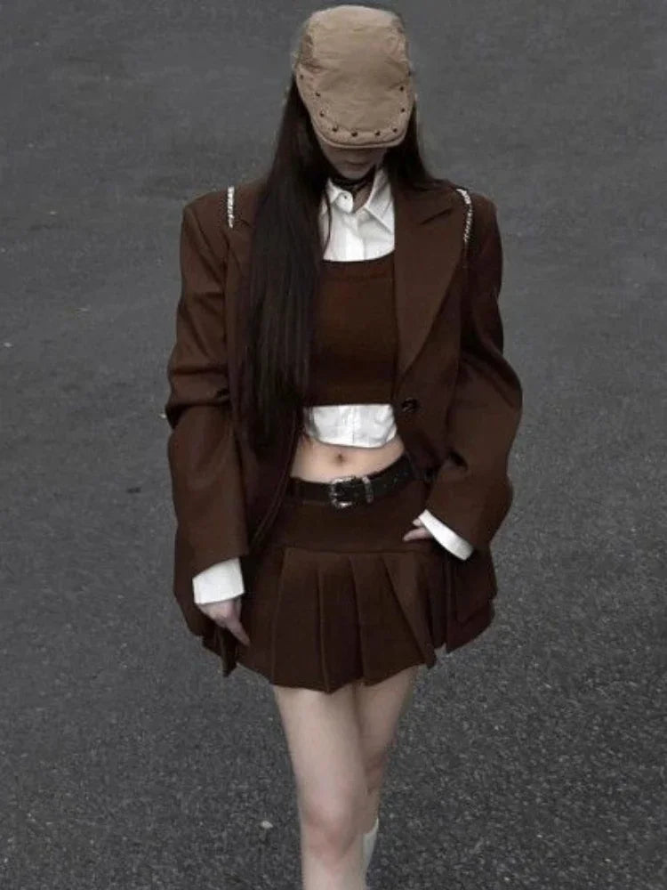 Fashion Vintage Loose Knit 4 Pieces Set Women Design Elegant Solid Lapel Long Sleeve Tops Female + High Waist Ruffle Short Skirt