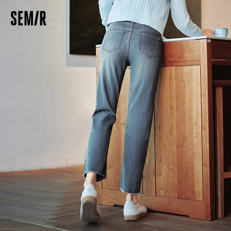 Semir Jeans Women Height-Enhancing Nine-Point Trousers Petite 2024 New Autumn Frayed Edge Small Straight-Leg Trousers