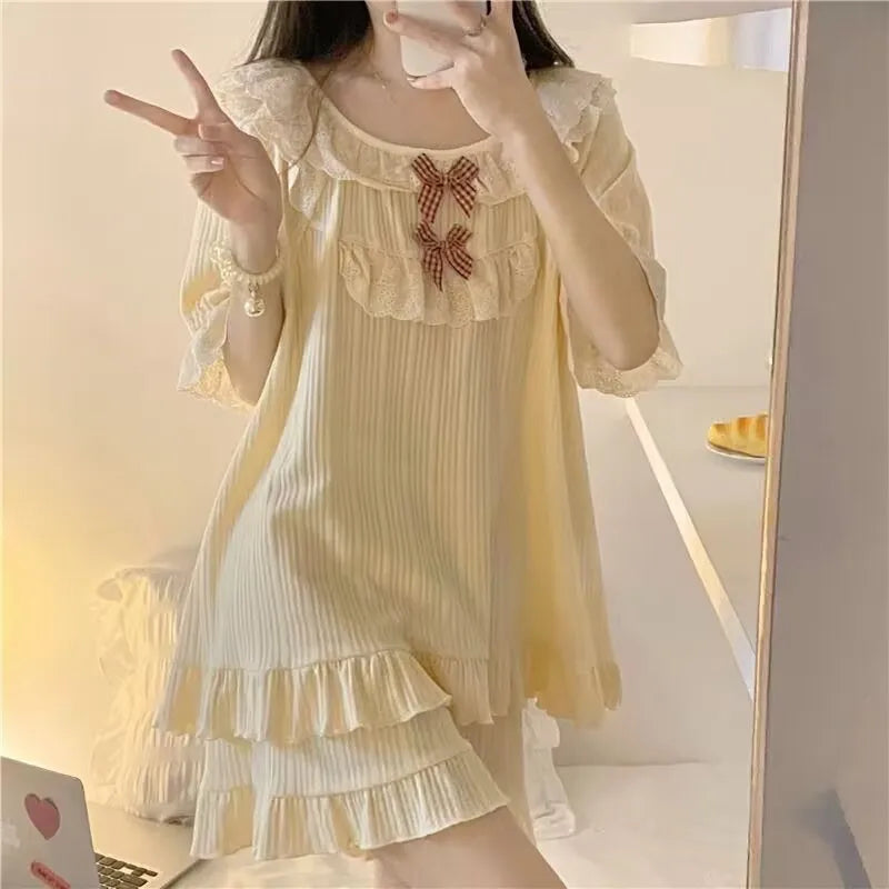 Women's Summer Pajamas Two-Piece Set Of Female New Princess Style Pajamas Bow Short-Sleeved Shorts Loose Casual Homewear