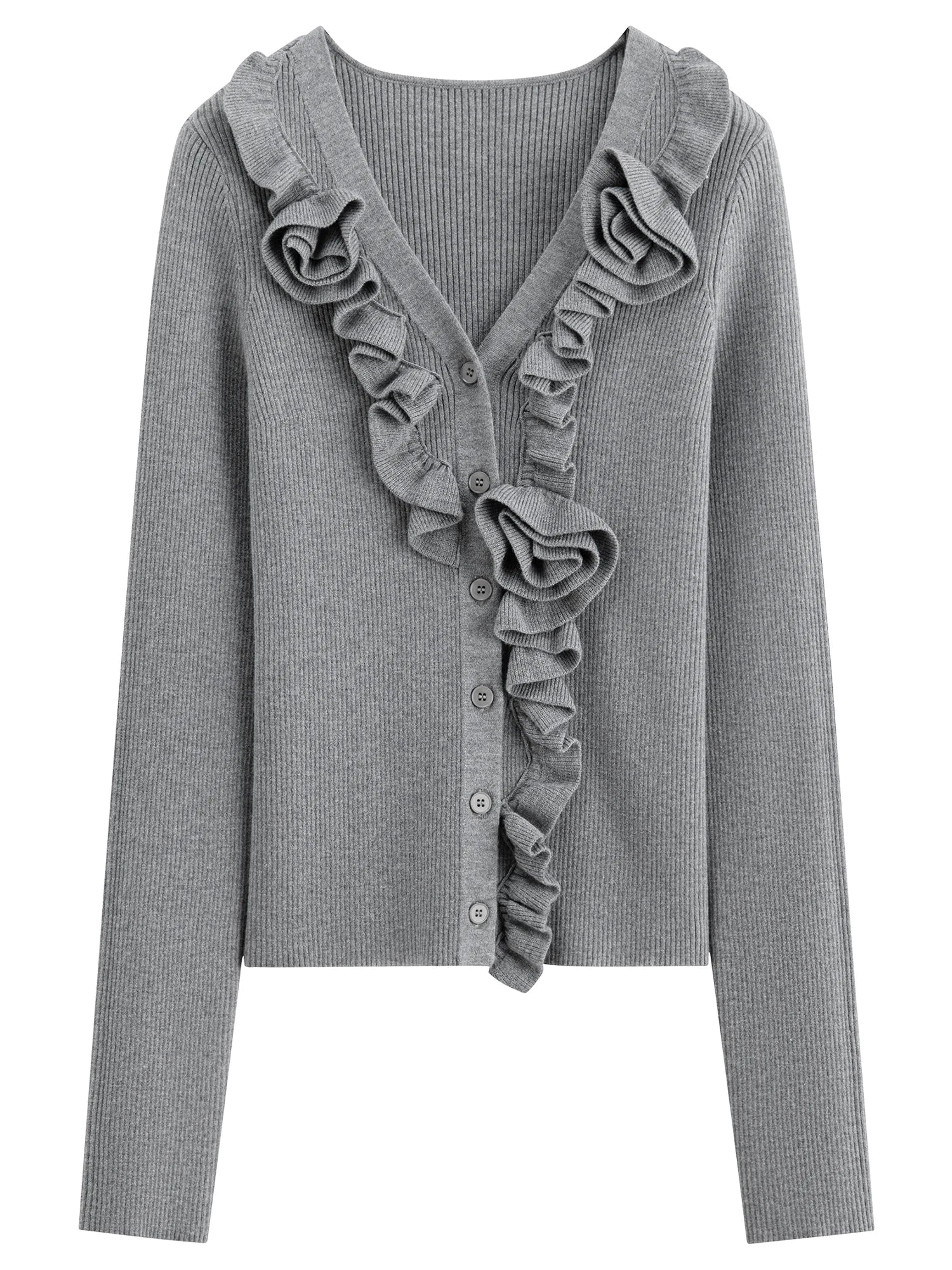 French 3D Flower Knit Sweater Two-Piece Fall Winter Slimming V-Neck Sweater Skirt Outfit Set Matching Sets Grey Skirts