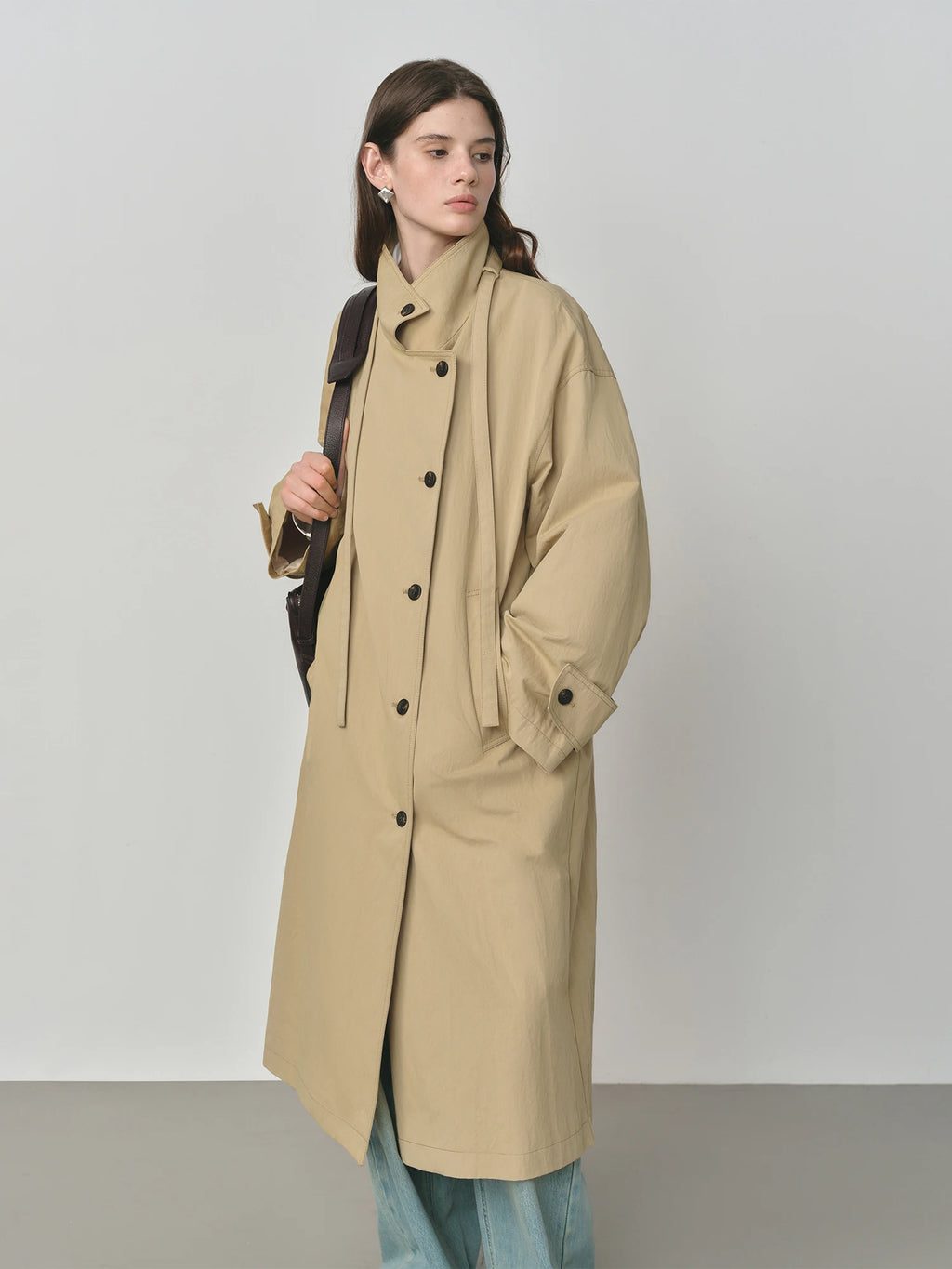 FSLE 2025 New Oversized Turndown Collar Casual Trench for Women 2025 Spring Autumn New Arrival Cotton Coat Long Jacket Khaki
