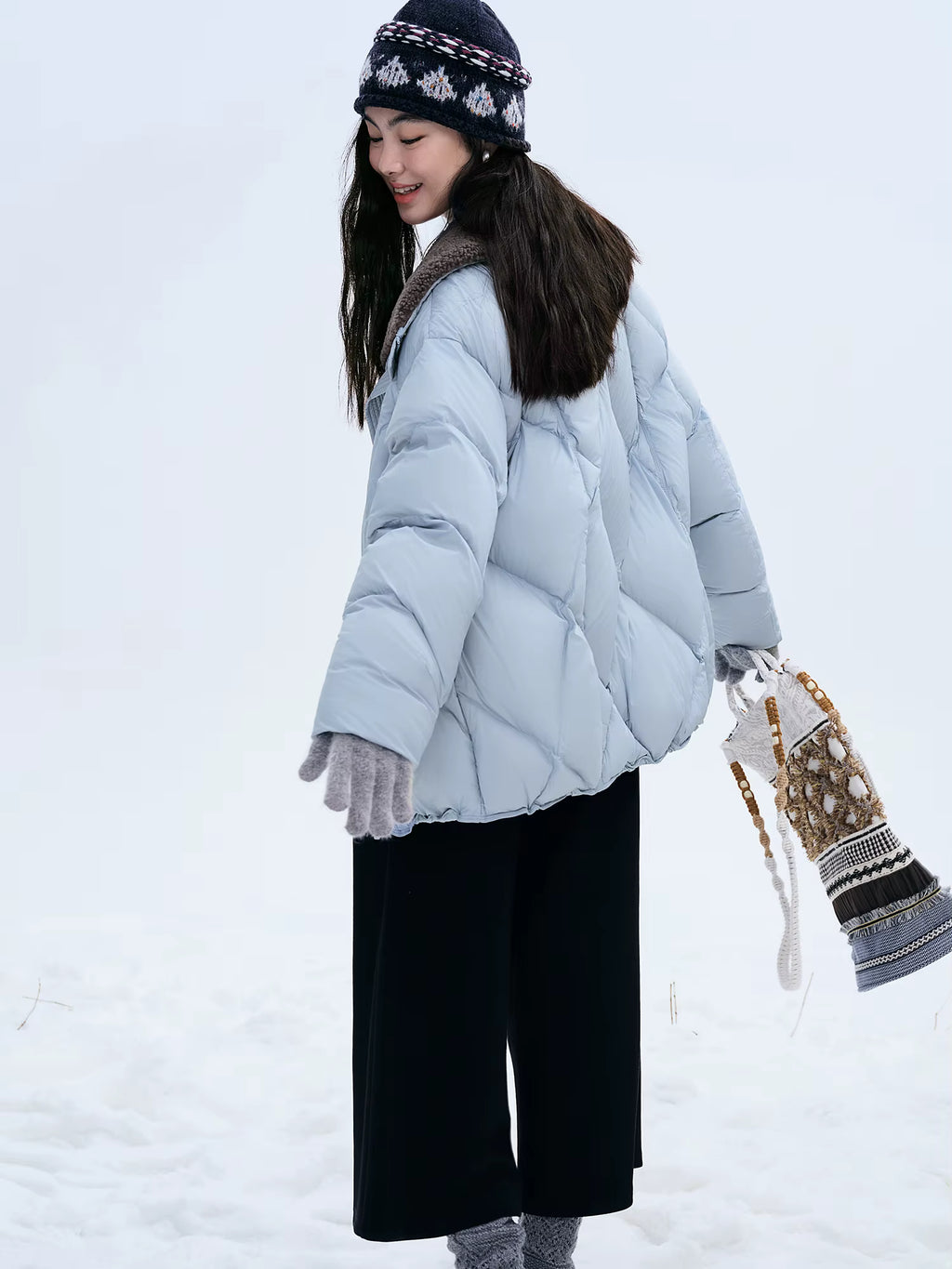 Furry Lapel Quilted White Duck Down Coats Women Casual Daily Retro Simple Loose Short Warm Coat Contrast Color Girlish BF