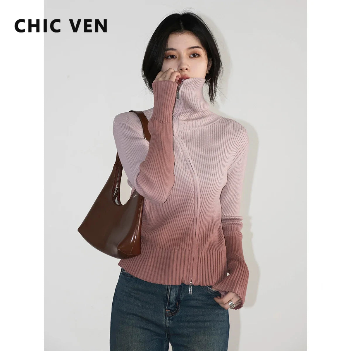 CHIC VEN Women Cardigan New Stand Up Cotton Gradient Zipper Woman Sweater Female Knitted Jumpers Spring Autumn 2024