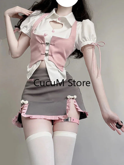 2024 Summer Women Japanese Fashion Gyaru Girl Design Outfits 3 Piece Set Short Sleeve Top Kawaii Vest Mini Skirt 2000s Aesthetic