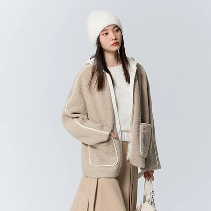 Semir Coat Women Hooded Splicing 2024 New Winter Retro Imitation Lamb Wool Loose Jacket