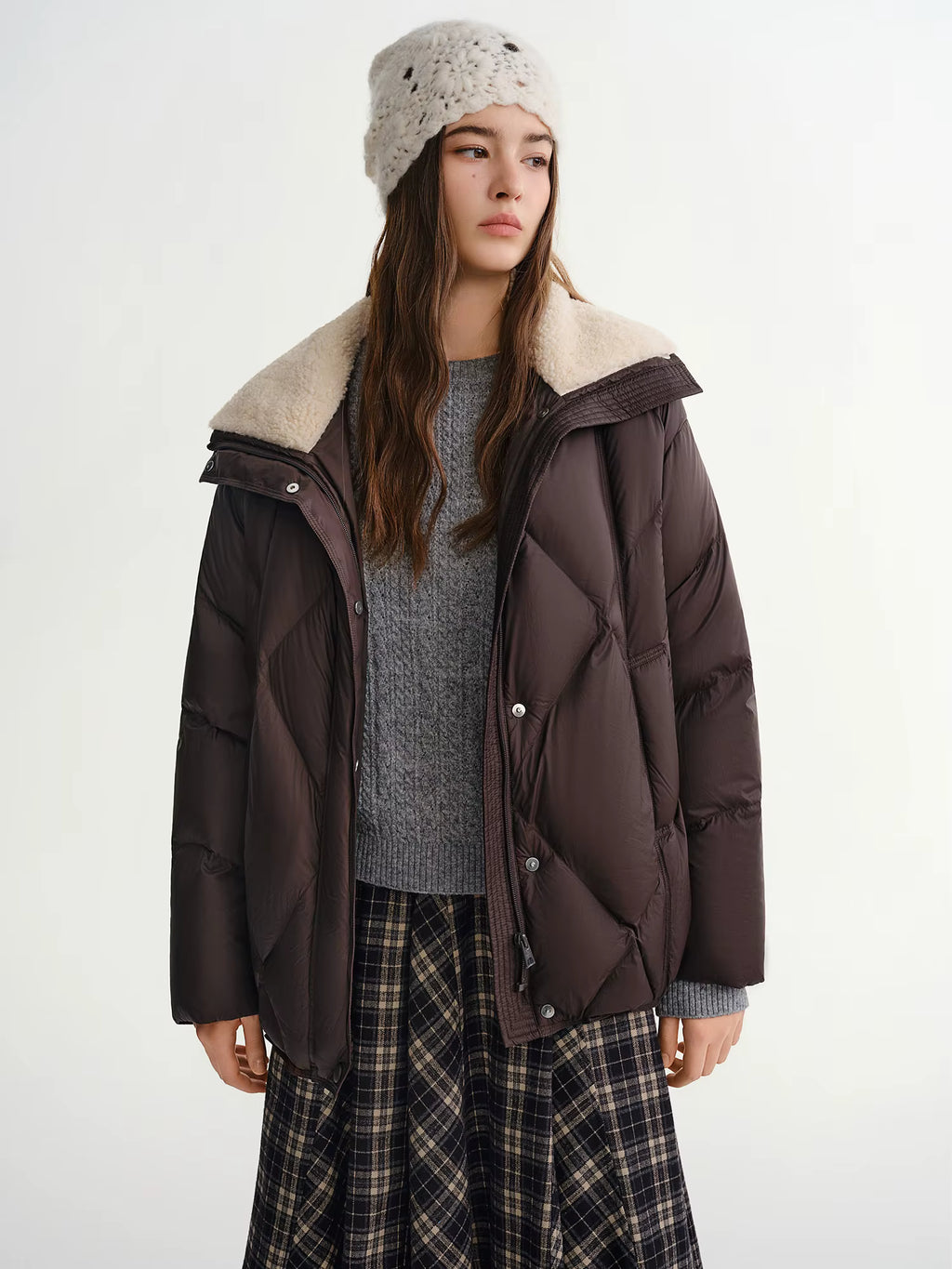 Furry Lapel Quilted White Duck Down Coats Women Casual Daily Retro Simple Loose Short Warm Coat Contrast Color Girlish BF