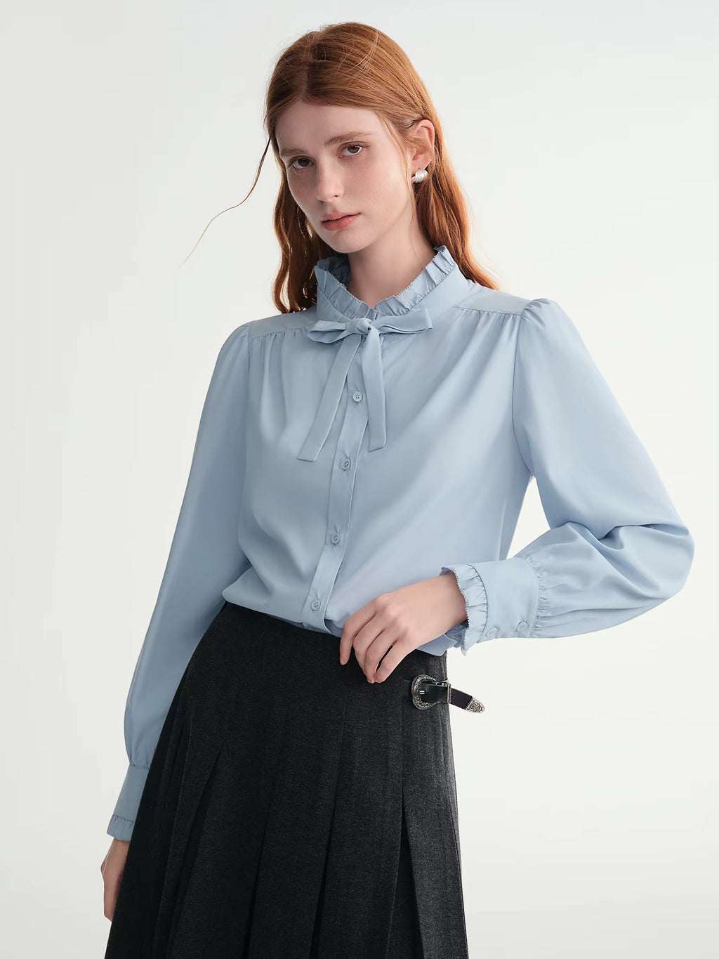 Autumn New Women's Puff Sleeve Blouse 2025 Autumn Winter New Ruffle Collar Tie-Front Shirt Elegant Casual Office Wear Tops