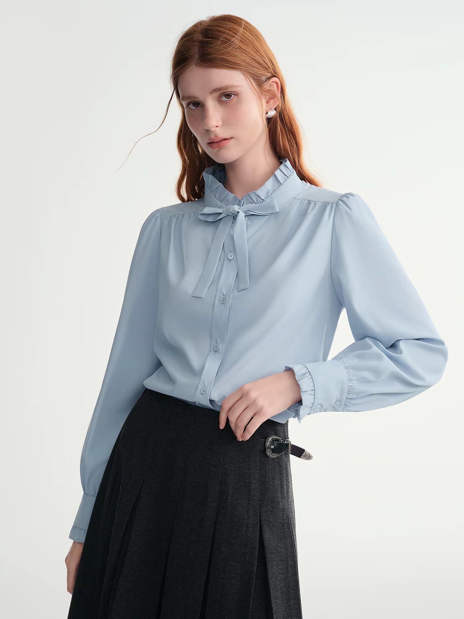 Autumn New Women's Puff Sleeve Blouse 2025 Autumn Winter New Ruffle Collar Tie-Front Shirt Elegant Casual Office Wear Tops