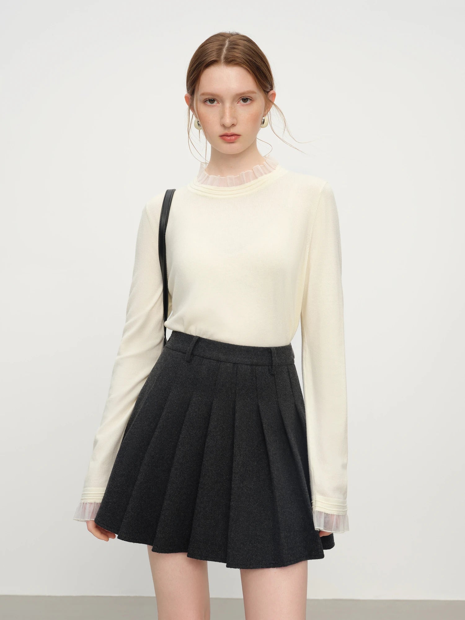 2025 Women's Mock Neck Knit Top - Ruffle Trim Detail Layering Staple Autumn Winter Base Layer with Soft Stretch Fit