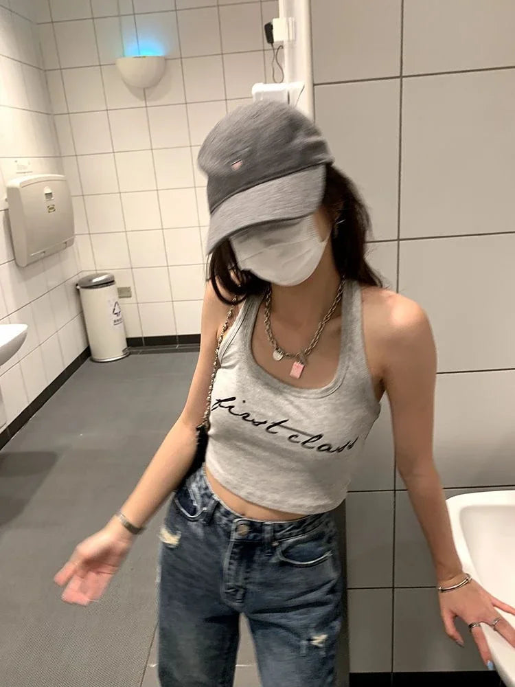 Y2K Two Pieces Set Oversized Women T-Shirts Spring Long Sleeve Halter Letter Print Sweatshirt Ladies Casual Loose Harajuku Tops