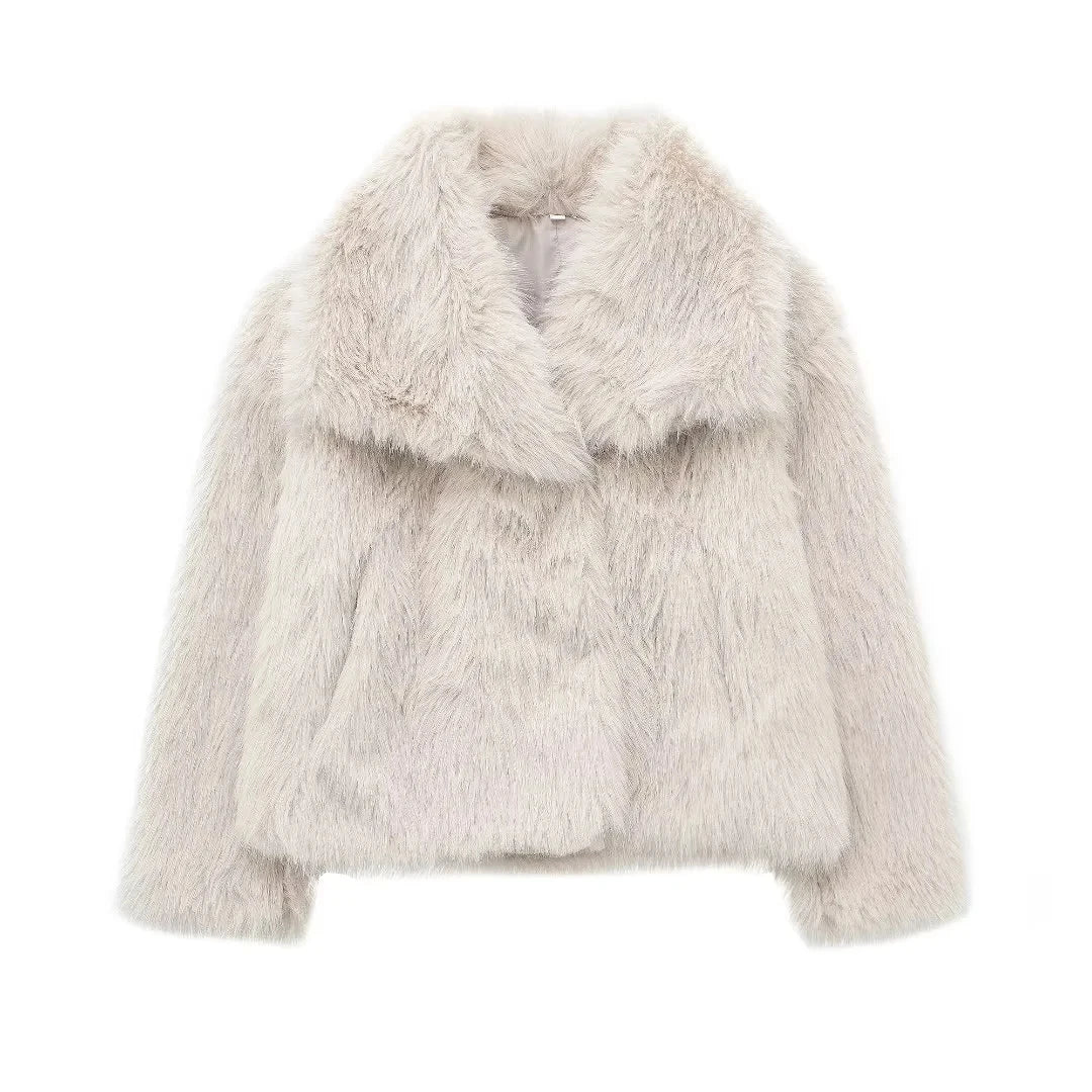 TRAFZA 2025 Autumn Winter Women Casual Faux Fur Jackets Fashion Streetwear Solid Oversized Turn Down Collar Elegant Thick Coats