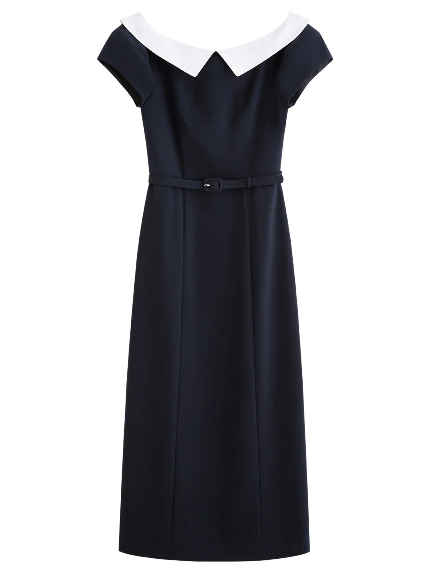 FSLE Contrast Color Splicing Lantern Sleeve Dress Female 2025 Summer New One-line Shirt Collar Mid-length Dress