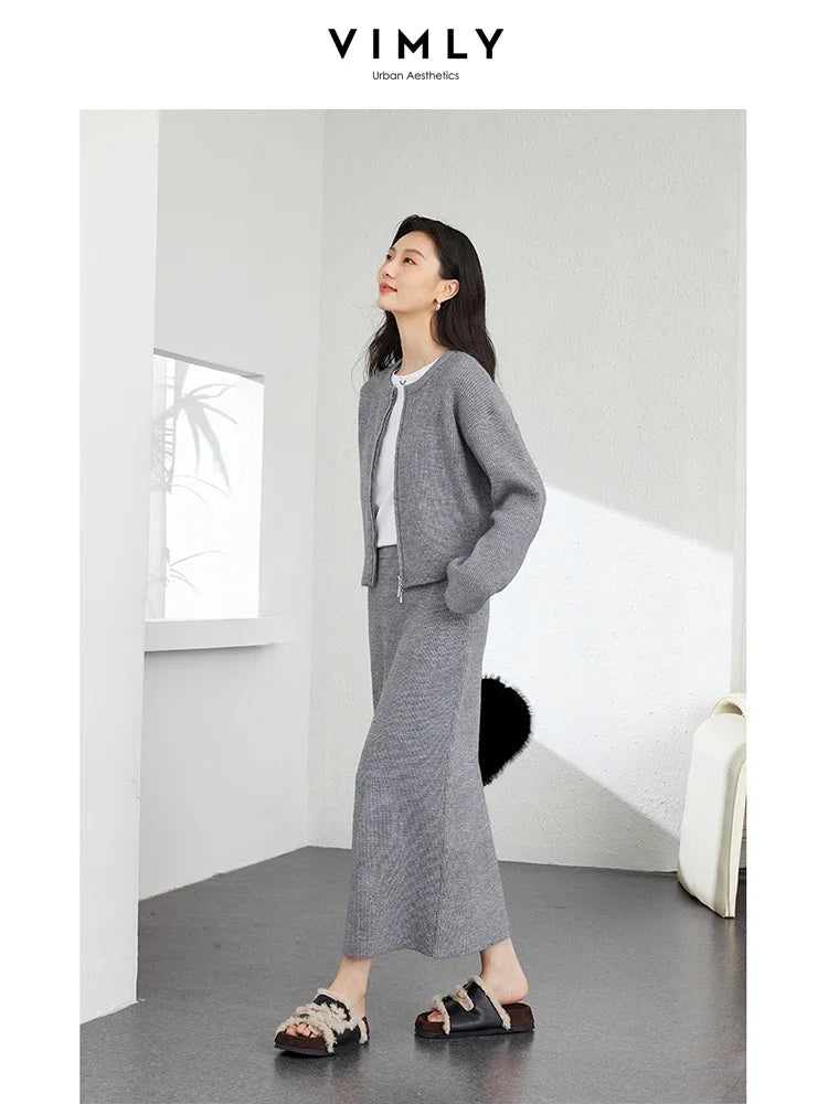 VIMLY Women's Elegant Knitted Suit Autumn Solid Outerwear Knitted Cardigan Jacket Straight Skirts Set Office Lady Simple Sets