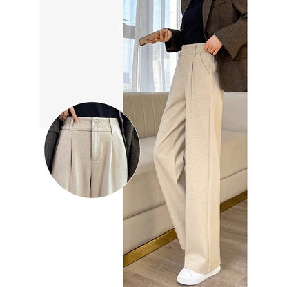 2024 Autumn Winter Women Concise Woolen Pants Lady Wide Leg Designer Outside Trousers Female Thicken High Waisted Draping Pants