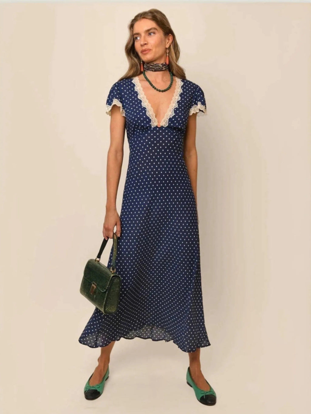 Elegant Navy V Neck Polka Dot Print Lace Trim Dress