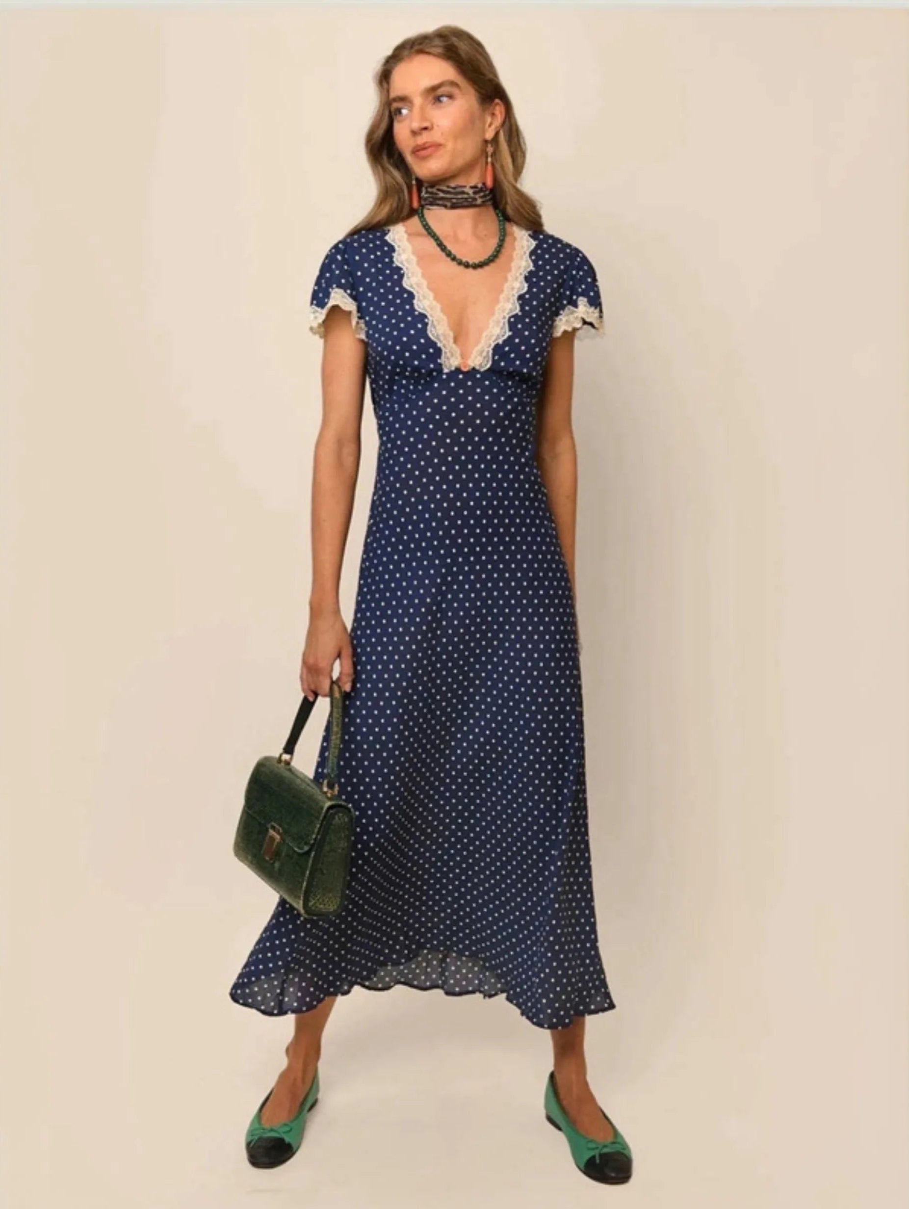 Elegant Navy V Neck Polka Dot Print Lace Trim Dress