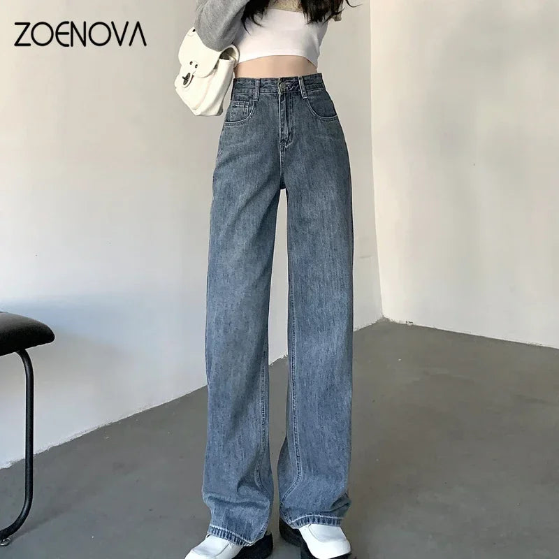 High Waisted Jeans Y2K Fashion Women Clothing Blue Black Straight Leg Denim Pants