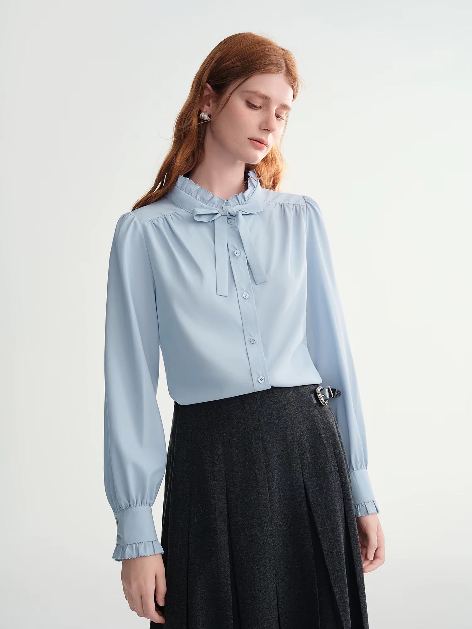 Autumn New Women's Puff Sleeve Blouse 2025 Autumn Winter New Ruffle Collar Tie-Front Shirt Elegant Casual Office Wear Tops