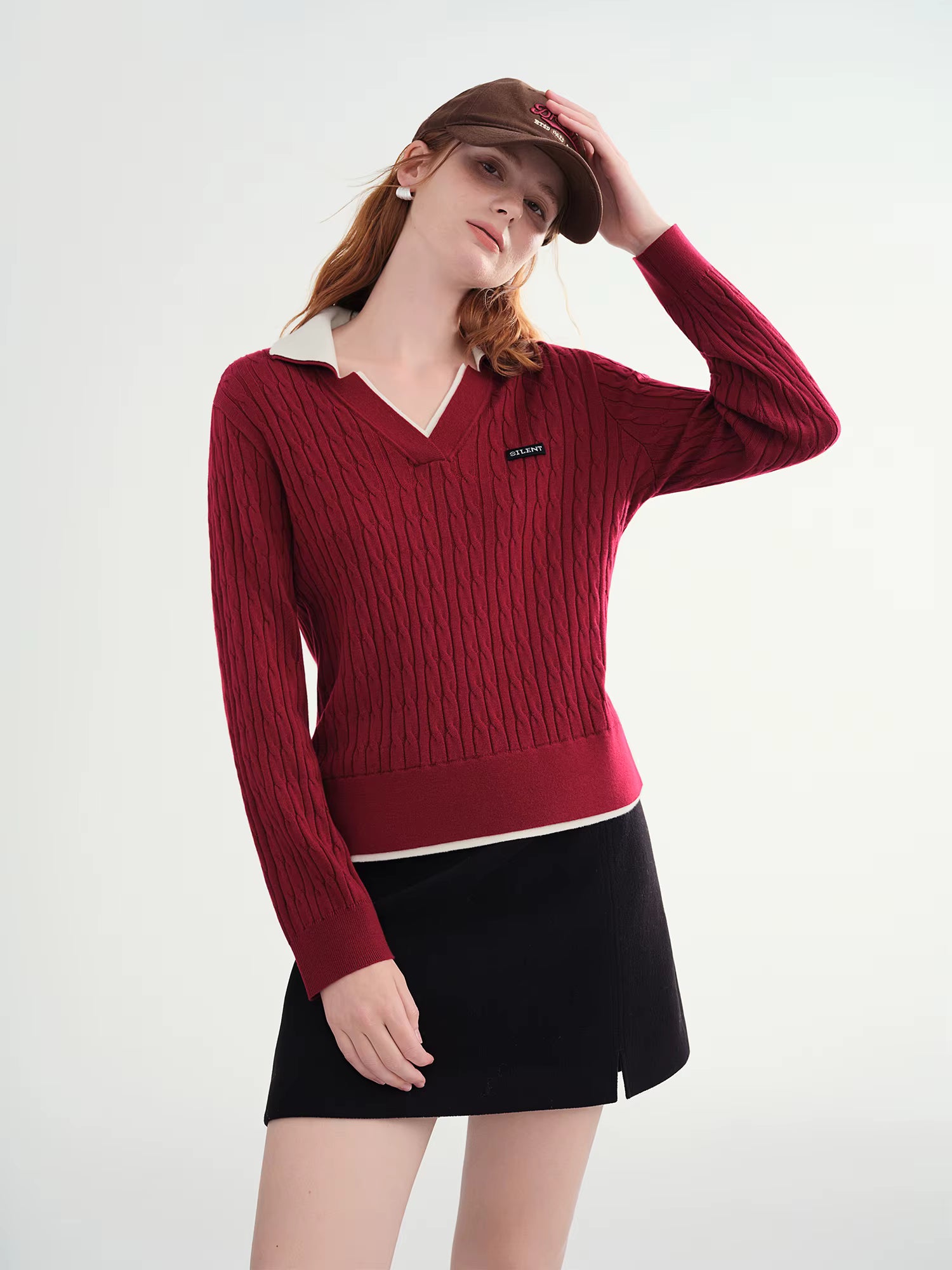 Contrast Color V-neck Cable Knit Sweater 2025 Winter New Products Long Sleeve Pullovers Solid Leisure Korean Style