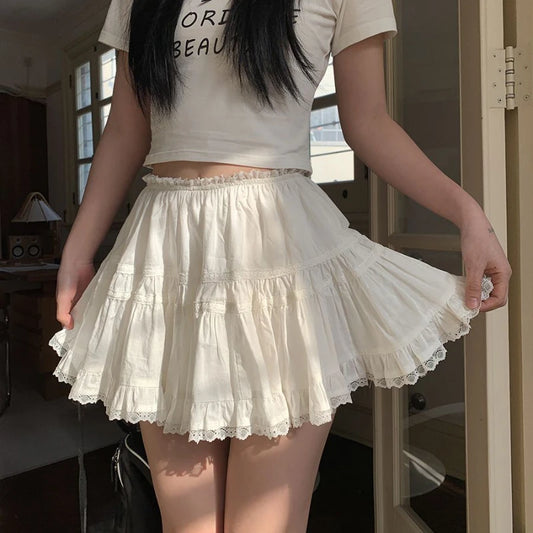 HOUZHOU Coquette White Mini Skirt Women Summer 2024 Lace Patchwork Kawaii Korean High Waist A-line Ruffle Short Skirt Fairycore