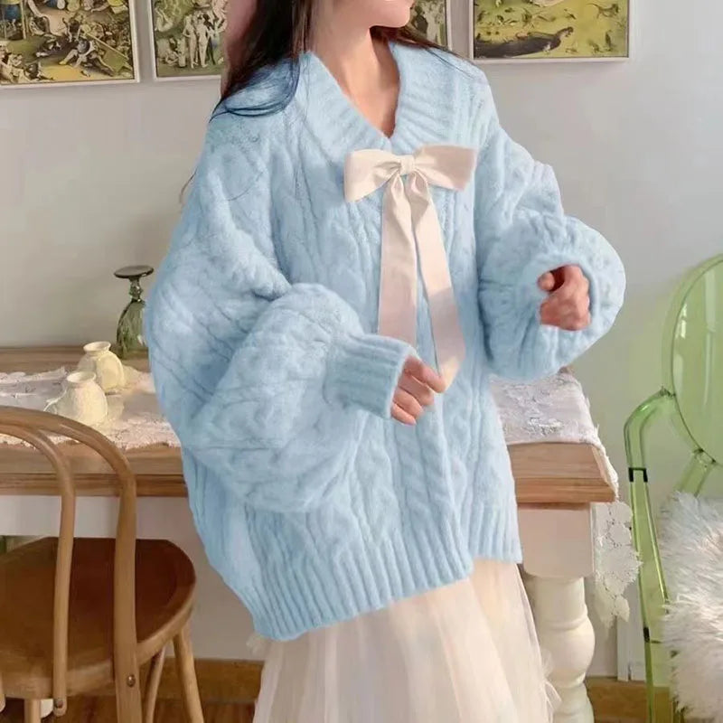 Pink Kawaii Oversize Knitwear Sweaters Women Sweet Cute Big Bow Pullovers Autumn Winter Keep Warm Lantern Sleeve V-Neck Sweater