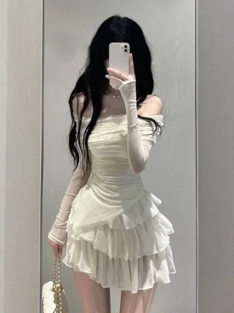 Two Pieces Skirt Set Women Y2k Crop Tops T-shirt + Cake Skirts Japanese Kawaii Fashion Suits Chic Outwear Korean