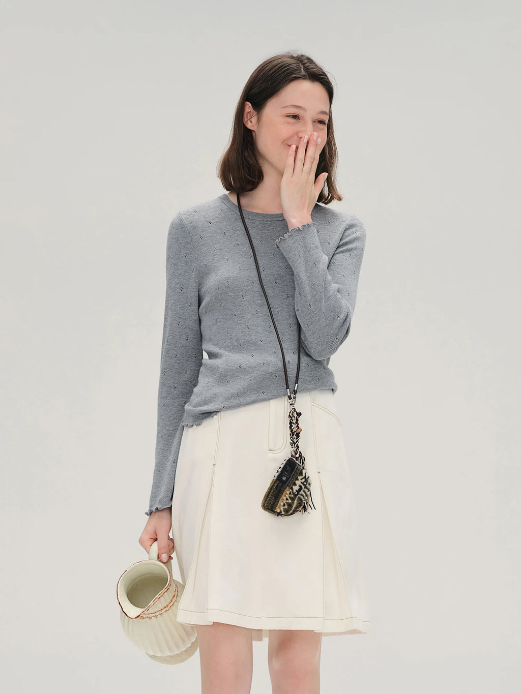 DUSHU Autumn 2025 Women's Round Neck Knit Top - Eyelet Trim Lace Edge Ribbed Texture Office Casual Blouse with Loose Fit