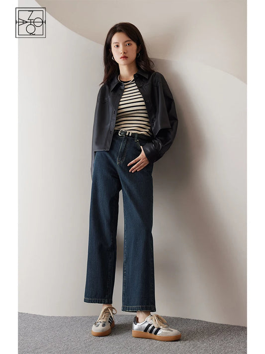 ZIQIAO Casual Style Retro Straight Wide-leg Jeans for Women 2023 New Autumn High Waist 100% Cotton Thin Nine-point Pants Female