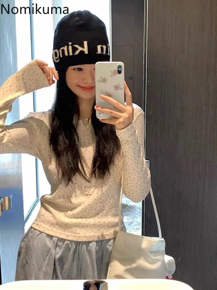 Korean Women Tshirts Long Sleeve Floral Tees 2024 Ropa Mujer Tunic O-neck Fashion T Shirts Y2k Tops Vintage Casual Sweet T-shirt