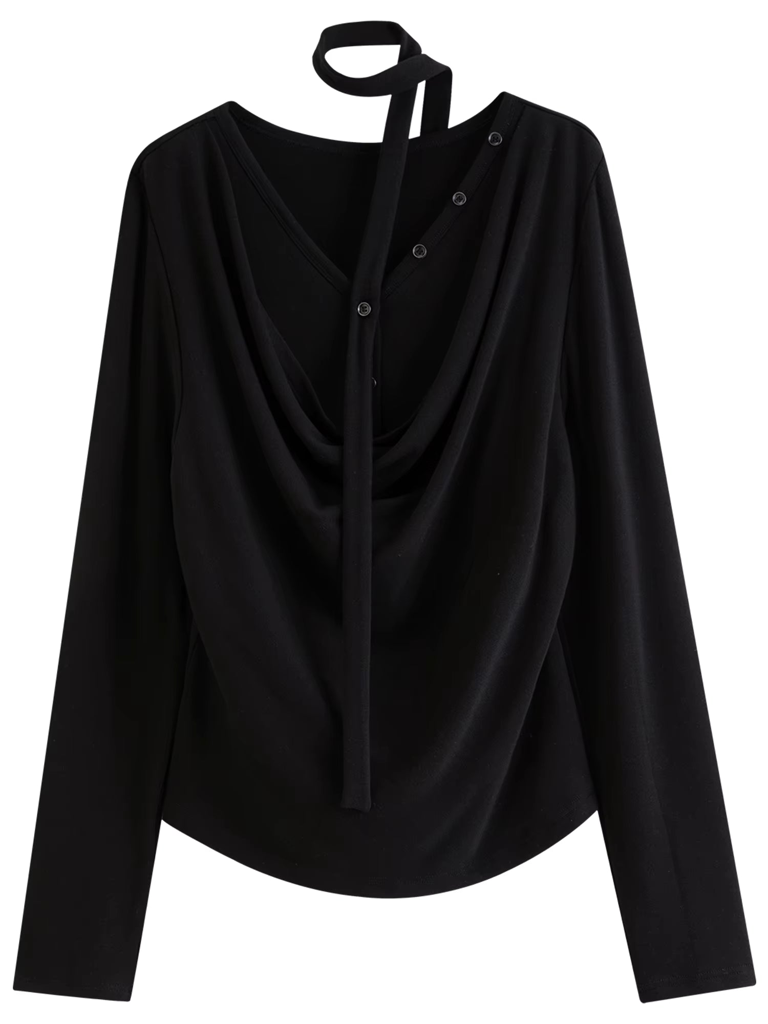 Plus-Size Women Layered Art Long-Sleeve T-Shirt with Floating Ribbon neckline Mock Two-Piece Slimming Top for Curvy Women