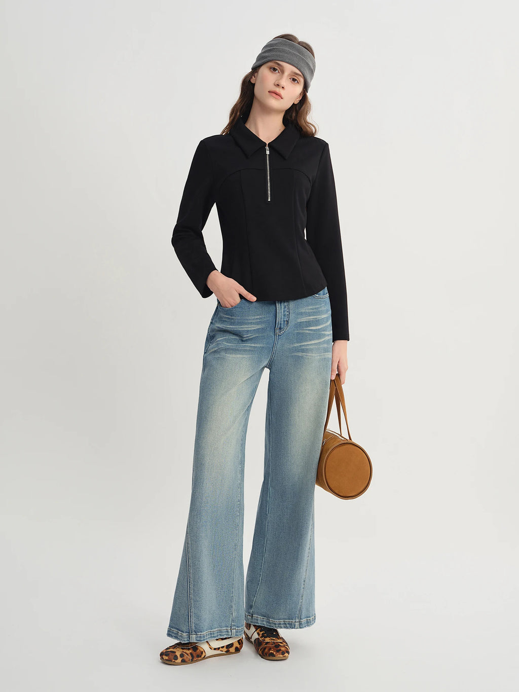 DUSHU Split Waist Zipper Lapel Top 2025 Autumn Temperament Sweatshirt Simple Women's Clothing Ins Clean Fit Commuting Outwear