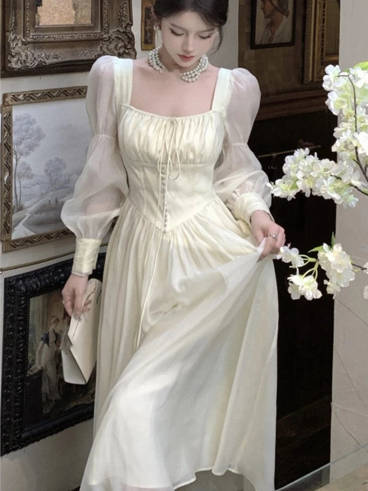 Elegant Princess High Waist A-line Lace Up French Vintage Dress
