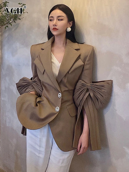 VGH High Street Plain Blazers For Women Notched Long Sleeve Single Breasted Patchwork Folds Coats Female 2022 Spring Clothes New