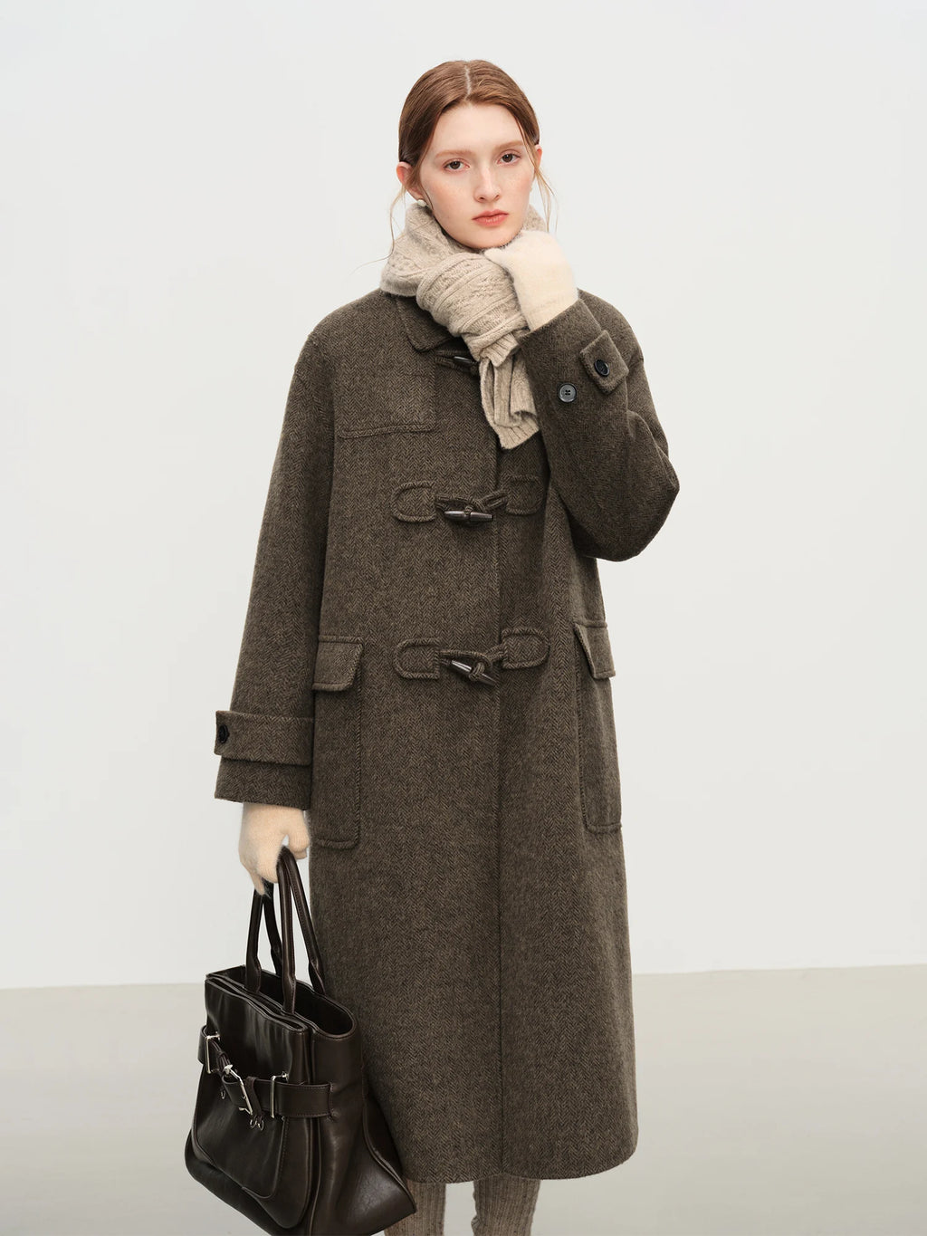 FSLE Retro Academic Herringbone Double-Faced Tweed Coat for Women Winter 2025 New Arrival Oversized Jacket Outerwear Blends